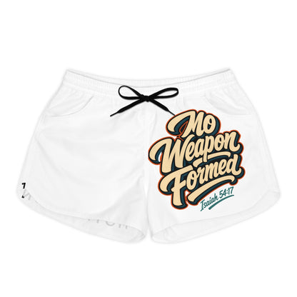 White shorts with black drawstring and the text "No Weapon Formed" and "Isaiah 54:17".