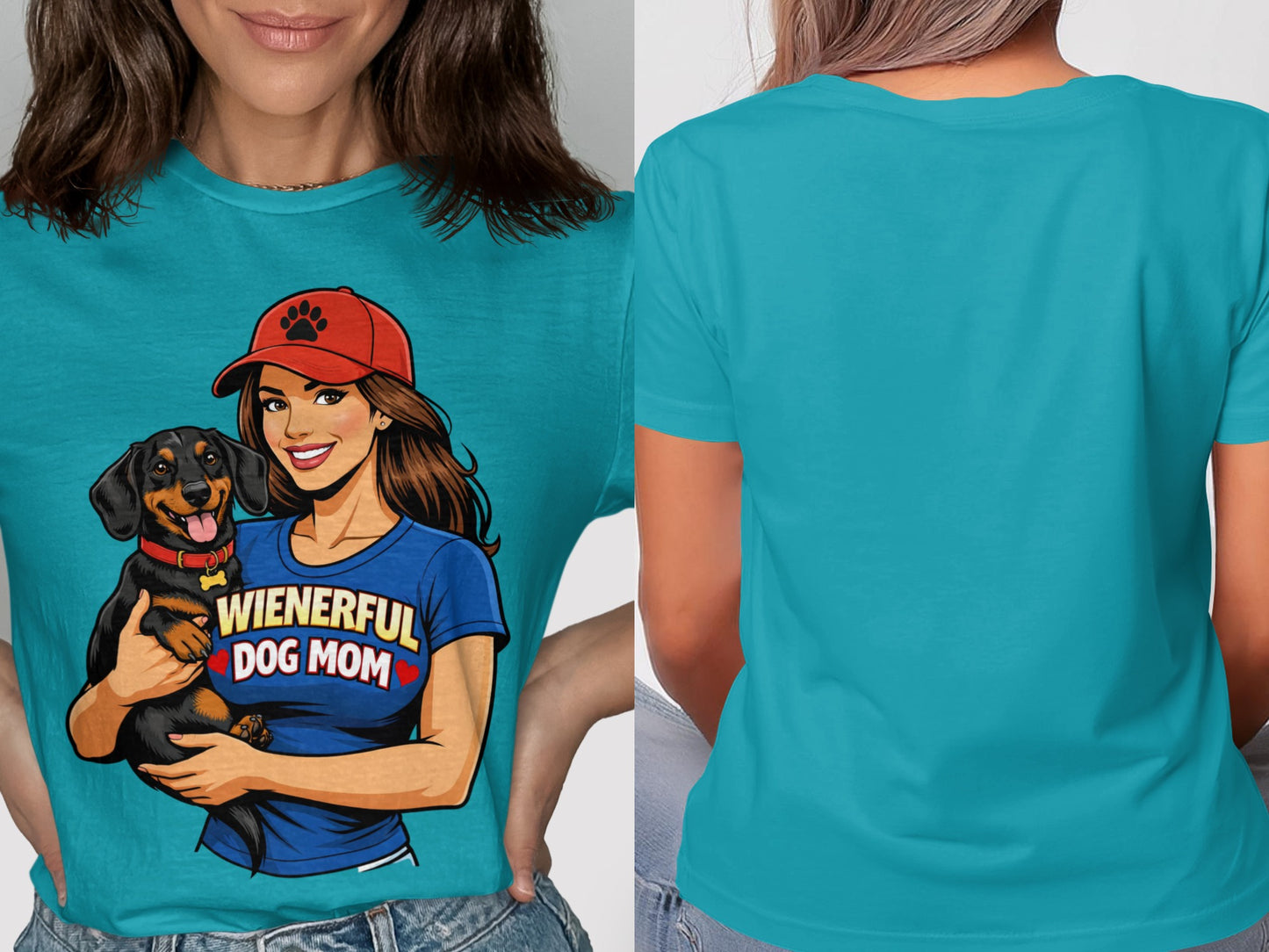 T-shirt graphic of woman holding dachshund with text "WIENERFUL DOG MOM".