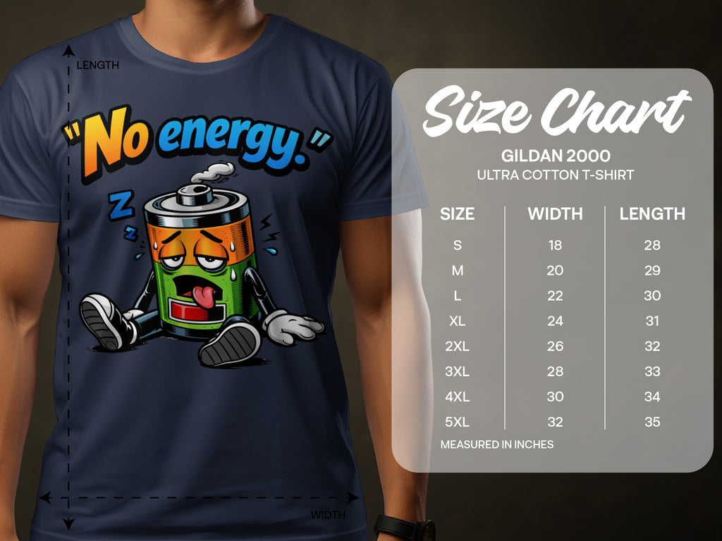 T-shirt displays a sleepy battery with "No energy." text and a size chart.
