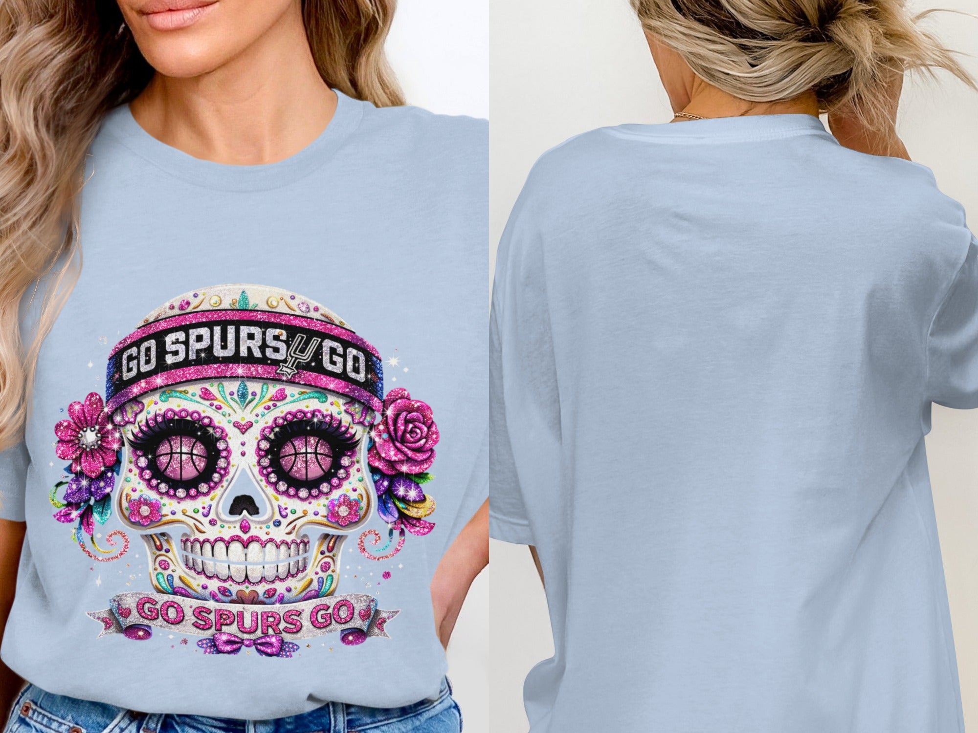 Light blue t-shirt with glitter skull design and "GO SPURS GO" text