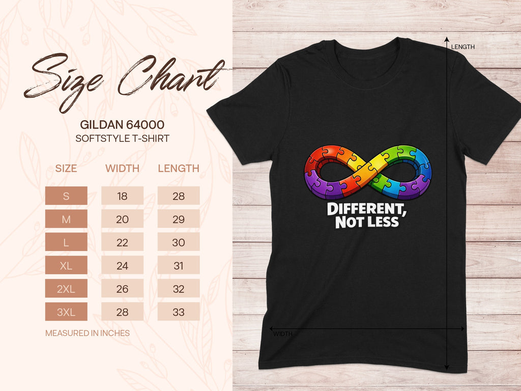 Black t-shirt with autism infinity puzzle graphic and size chart.