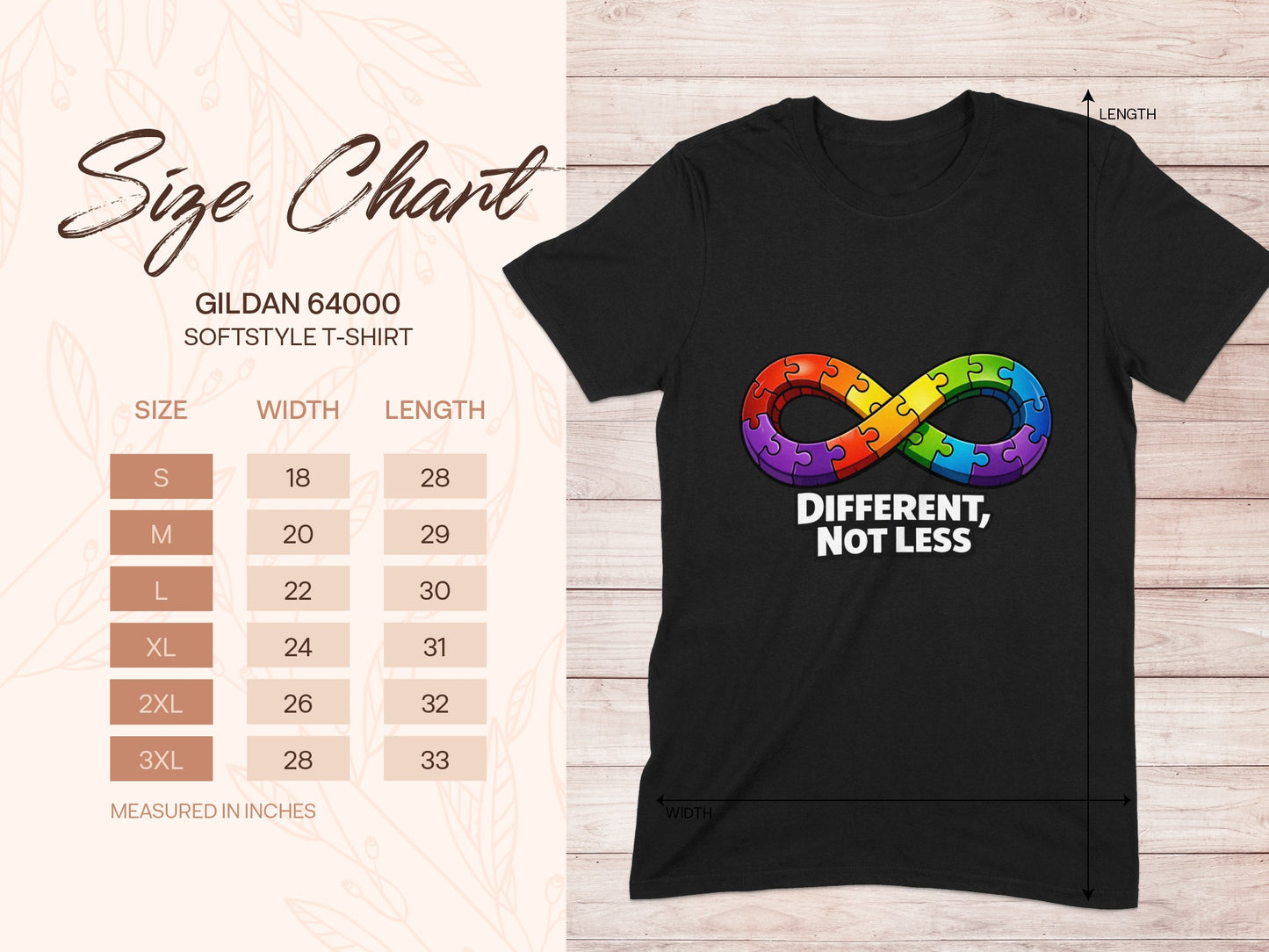 Black t-shirt with autism infinity puzzle graphic and size chart.