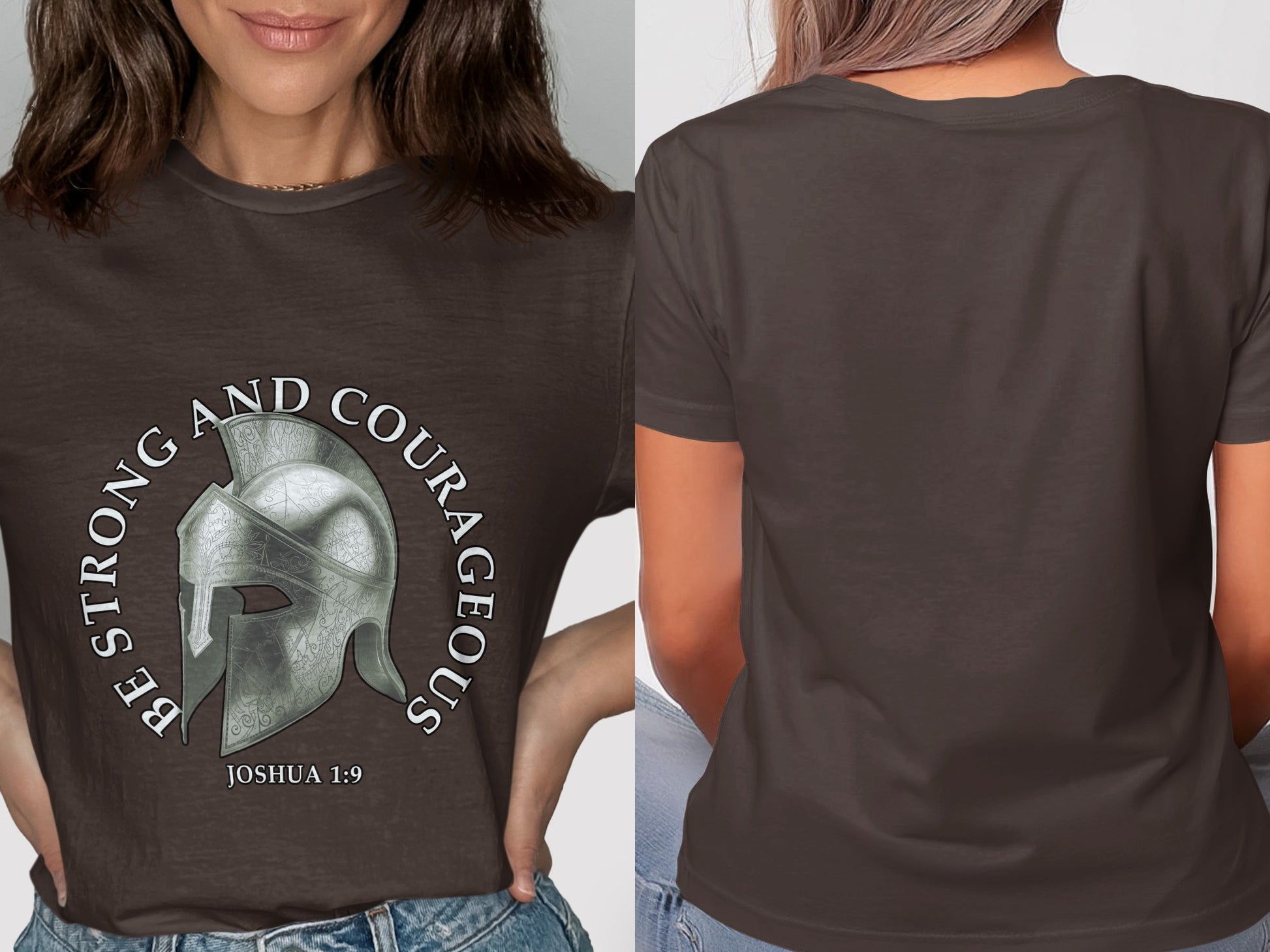 Brown t-shirt with "be strong and courageous Joshua 1:9" text and Roman helmet graphic on front.