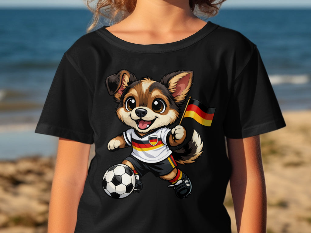 Cartoon dog wearing German soccer jersey with flag and ball.