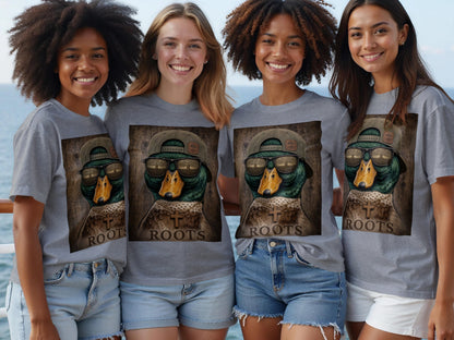 Four women wear grey t-shirts featuring a duck graphic with sunglasses and the word "ROOTS."