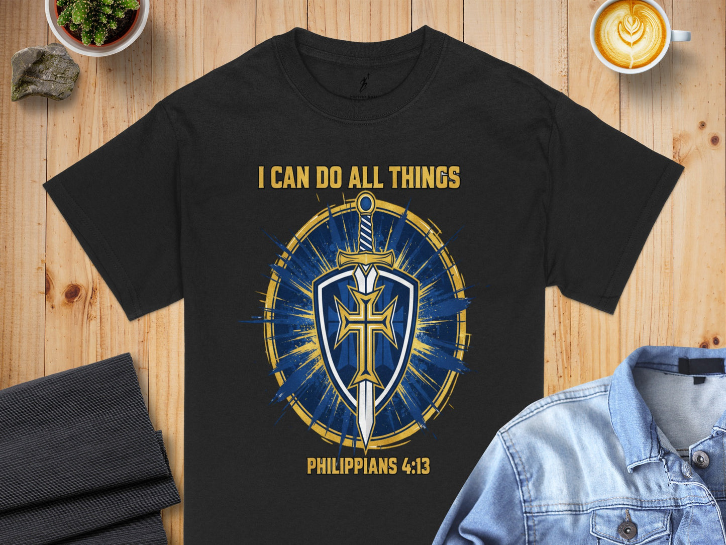 Black t-shirt with "I Can Do All Things" and Philippians 4:13 scripture.