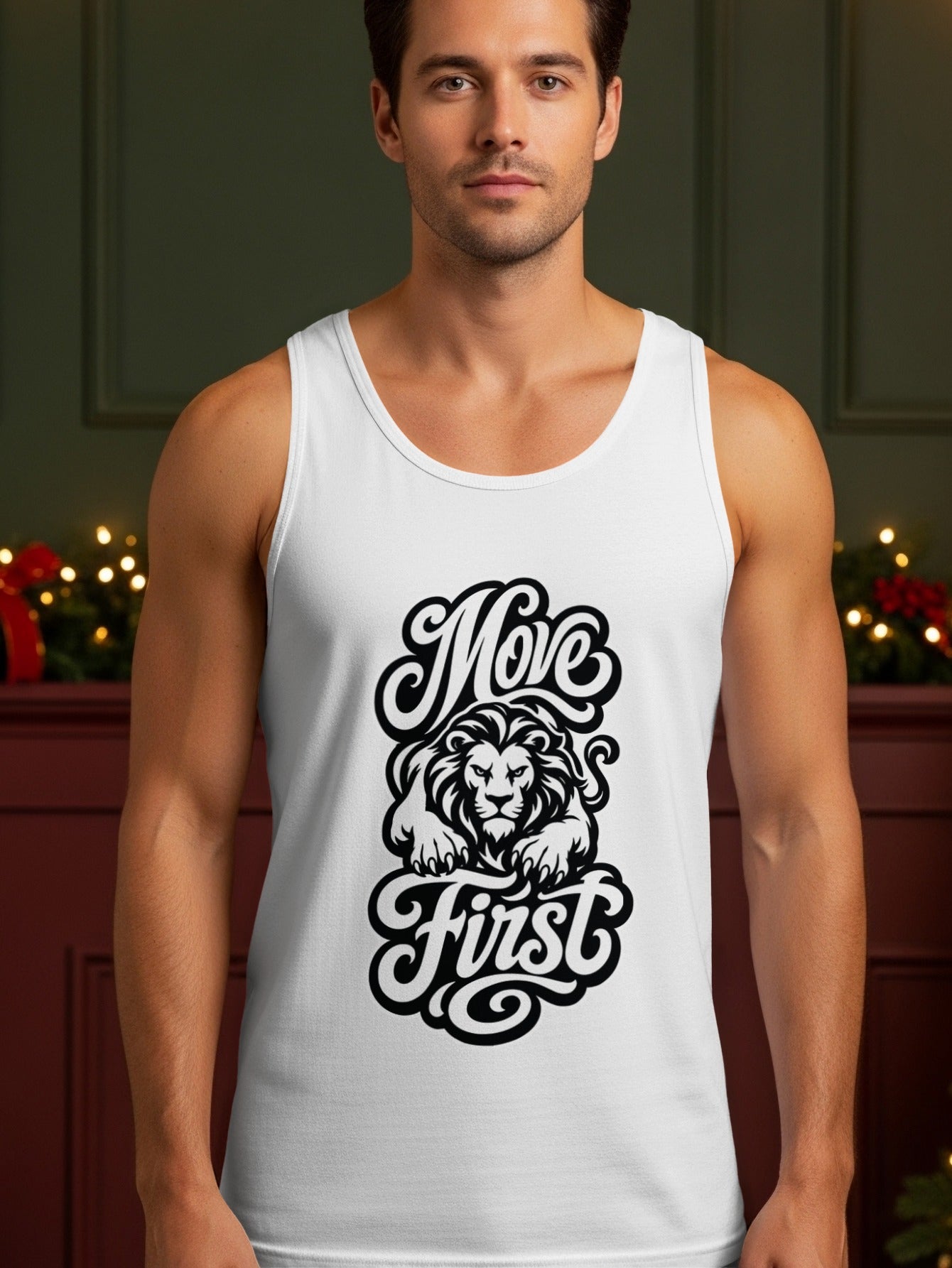 White tank top with black "Move First" text and a lion graphic.