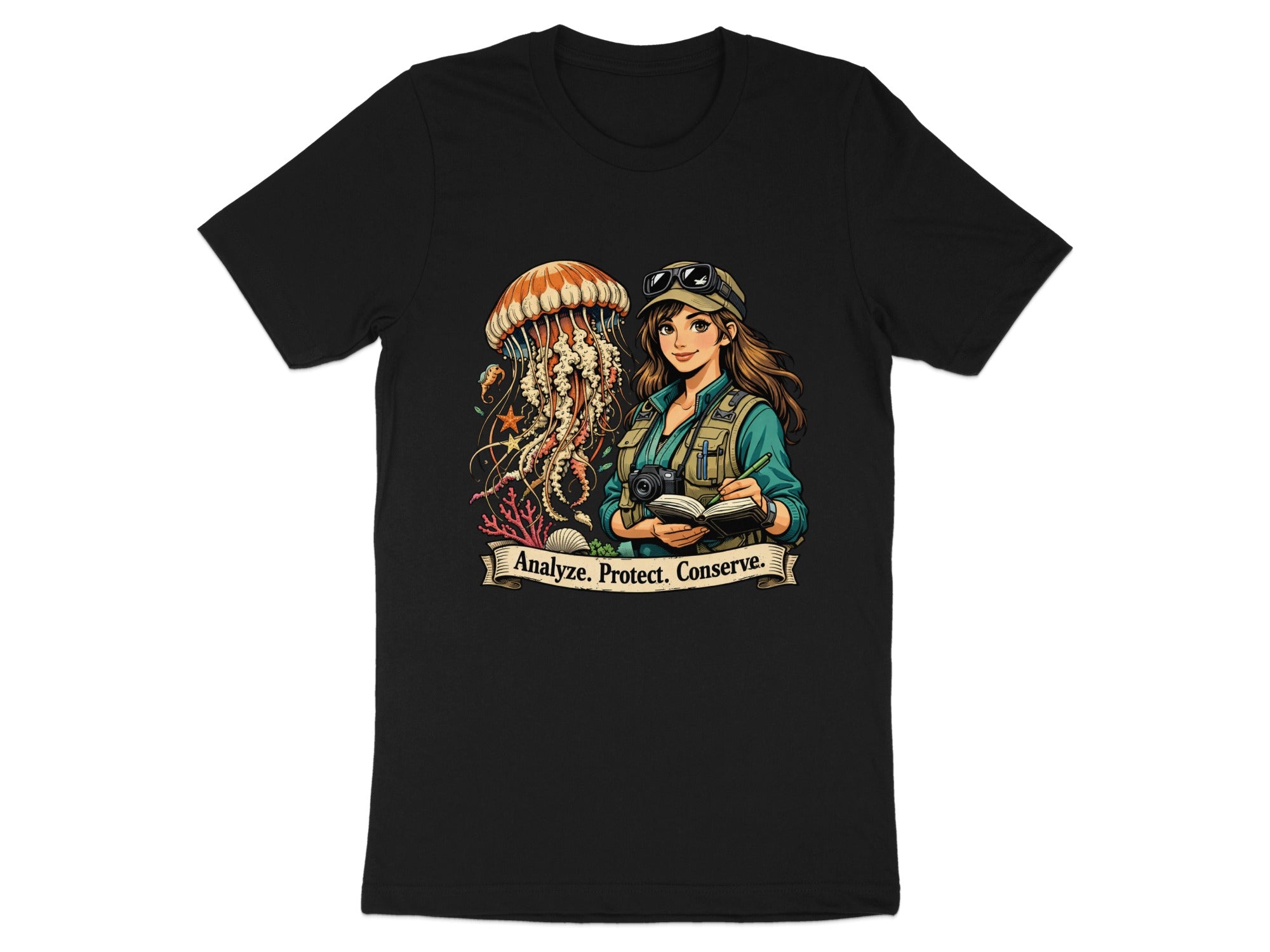 Illustration of woman with jellyfish, corals, and text "Analyze. Protect. Conserve."