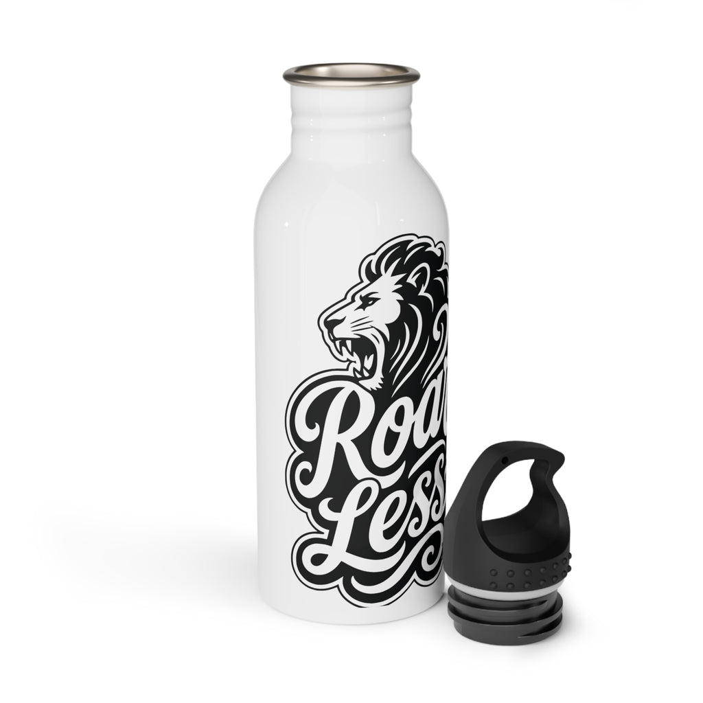 White water bottle with lion head and "Road Less" text, black cap beside.