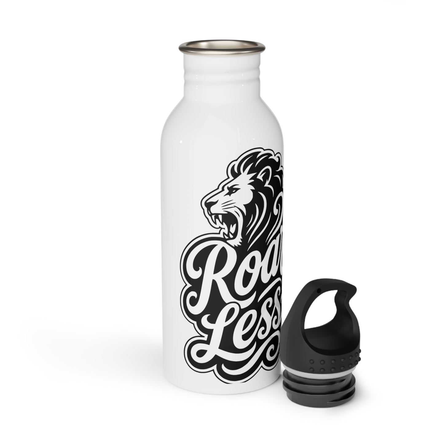 White water bottle with lion head and "Road Less" text, black cap beside.