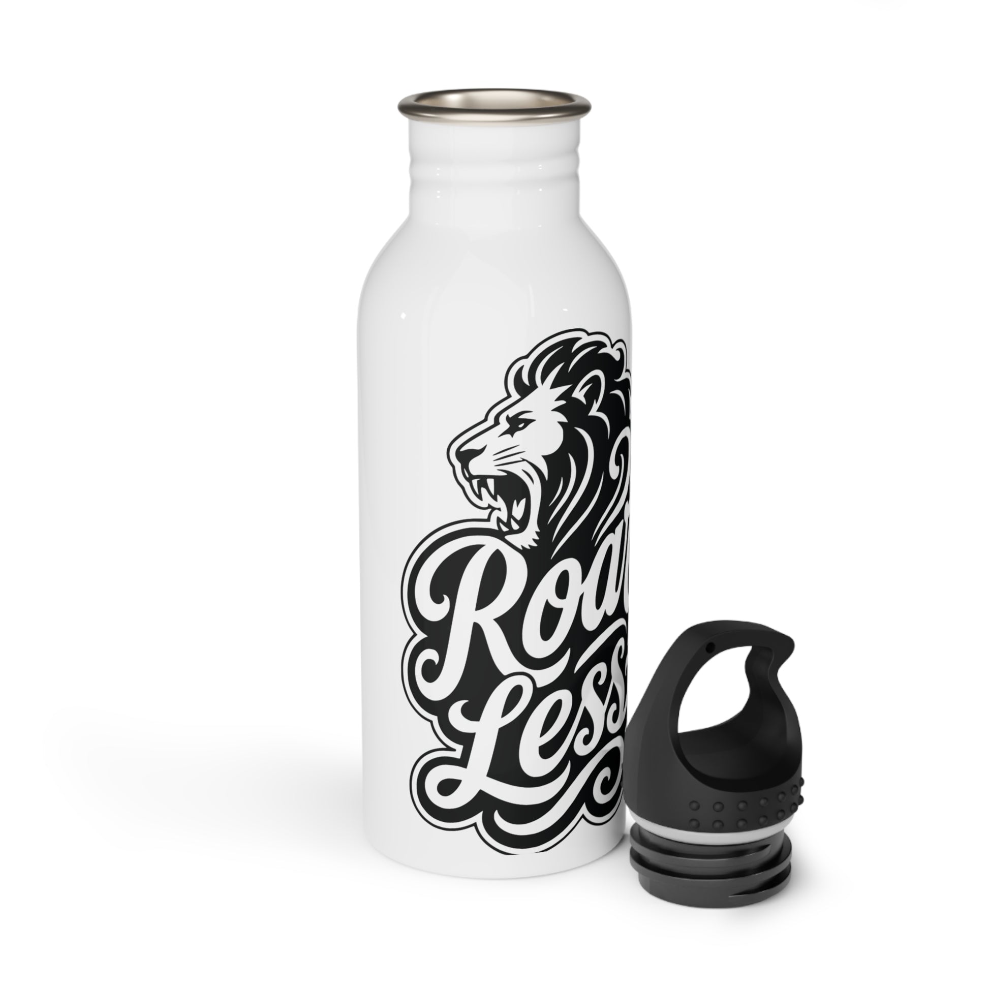 White water bottle with lion head and "Road Less" text, black cap beside.
