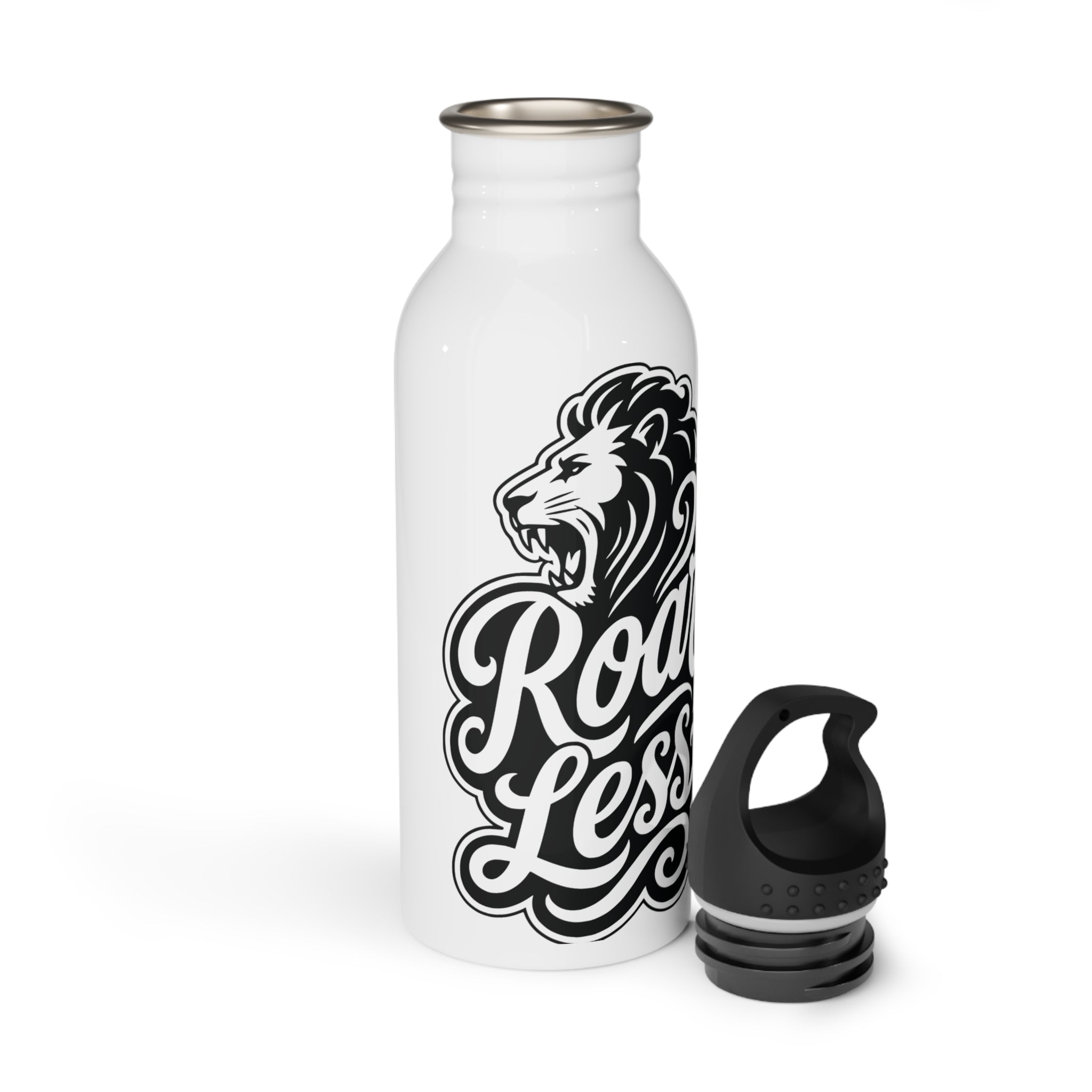 White water bottle with lion head and "Road Less" text, black cap beside.