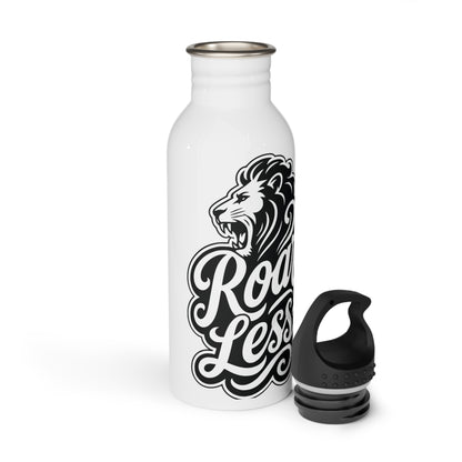 White water bottle with lion head and "Road Less" text, black cap beside.