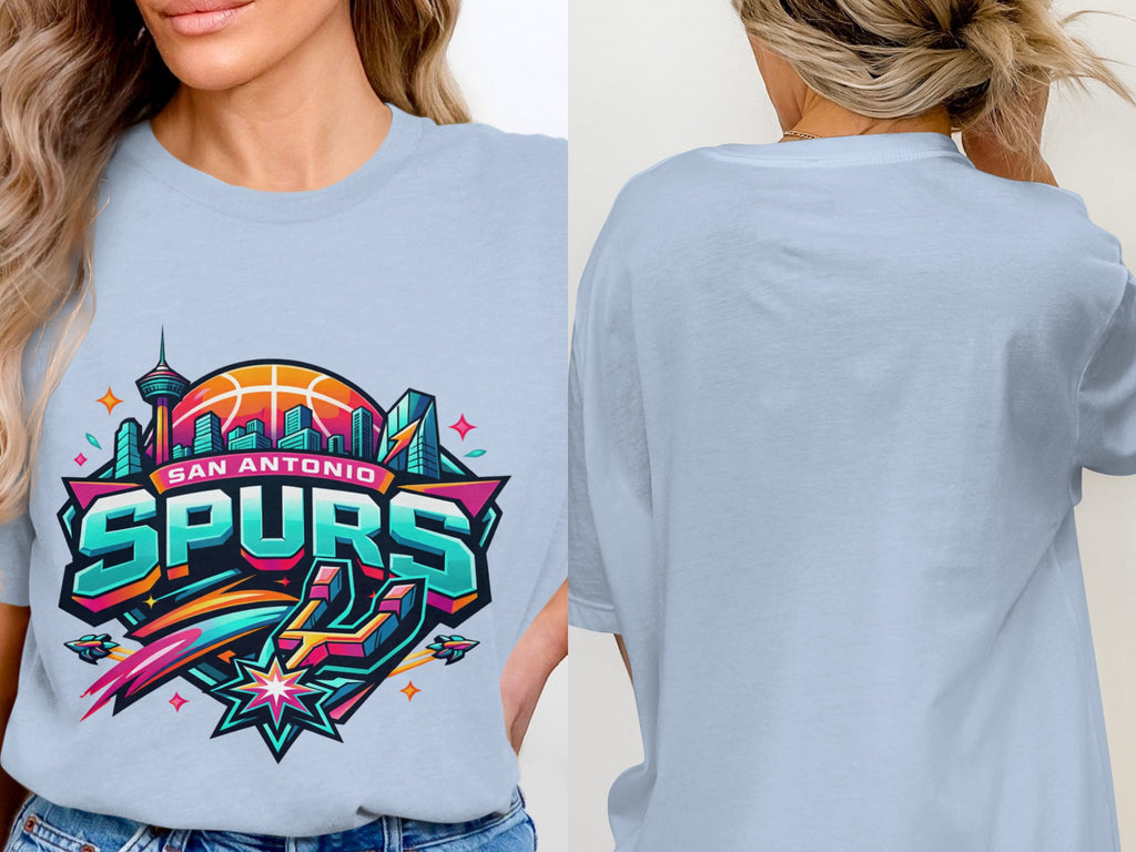 San Antonio Spurs logo with city skyline and basketball on a light blue t-shirt.