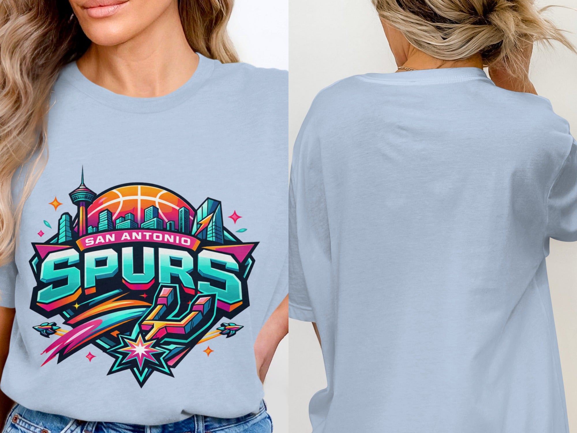 San Antonio Spurs logo with city skyline and basketball on a light blue t-shirt.