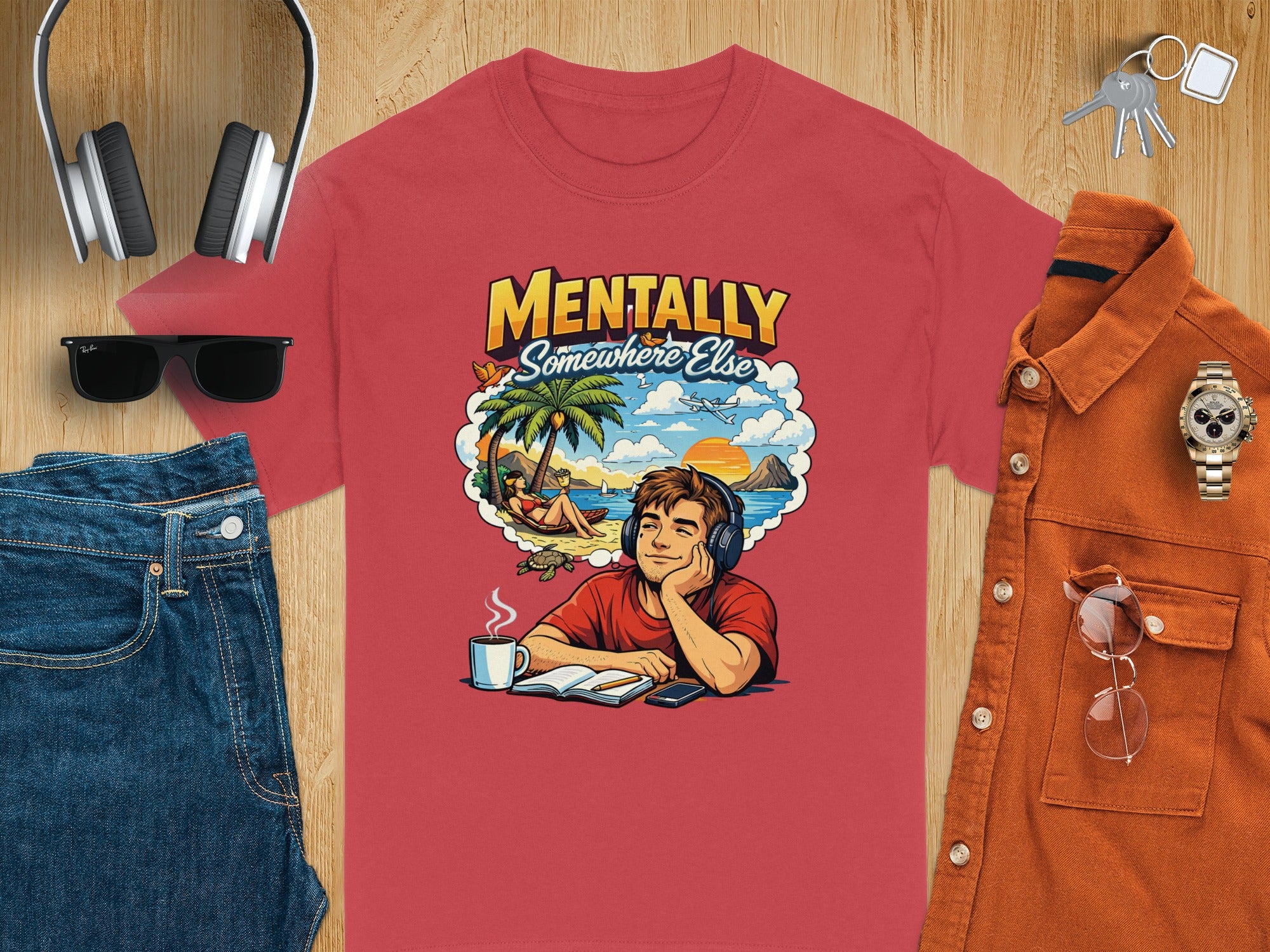T-shirt with "Mentally Somewhere Else" graphic of a person dreaming of a beach.