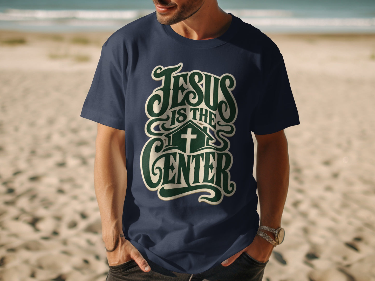 Navy t-shirt on a man with green text that reads "Jesus is the Center".
