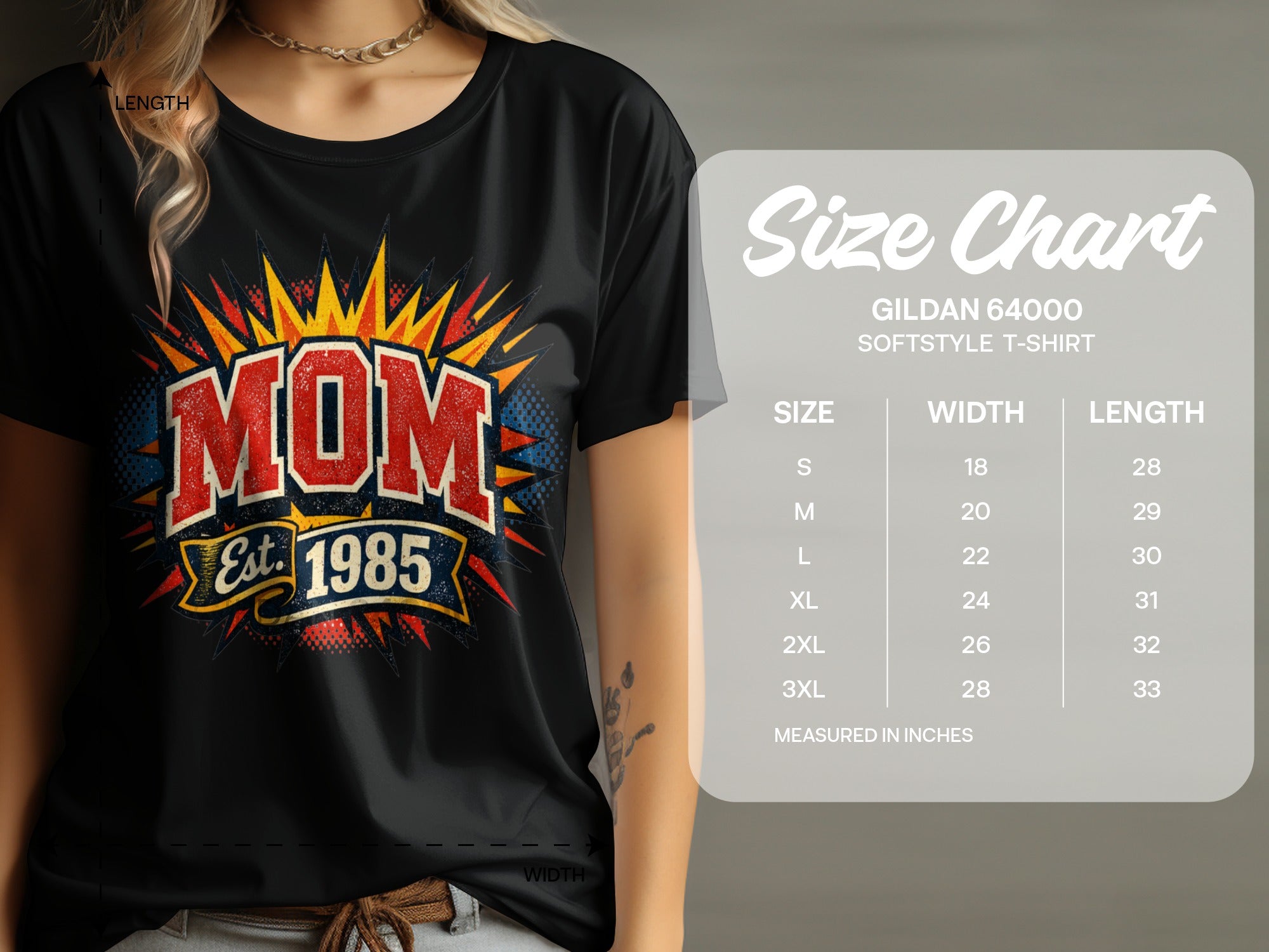 Black t-shirt with "MOM Est. 1985" graphic and Gildan 64000 size chart.