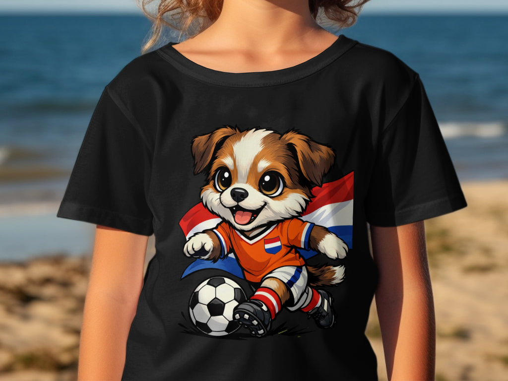 Cartoon dog in Dutch soccer uniform with flag and ball.
