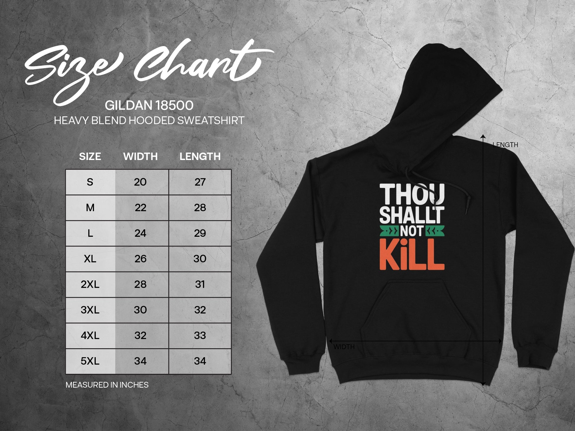 Gildan 18500 heavy blend sweatshirt size chart with width and length measurements.