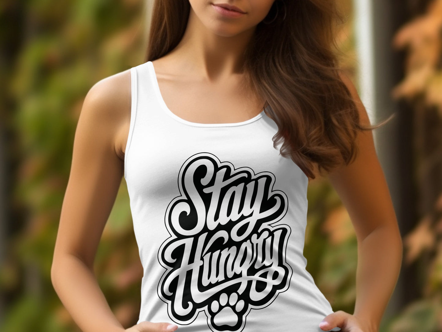 White tank top with "Stay Hungry" text and a paw print graphic.