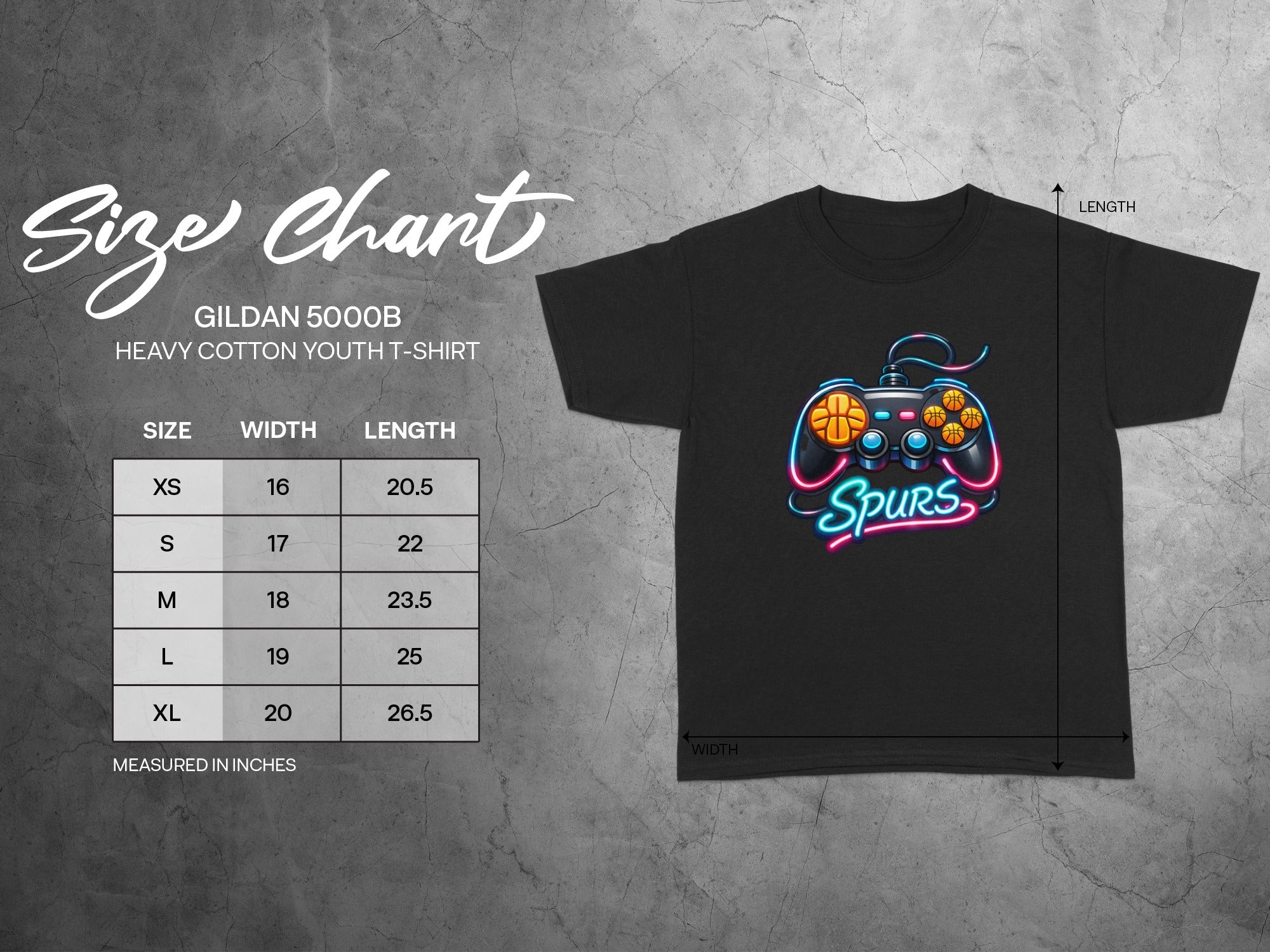Gildan 5000B youth t-shirt size chart with width and length measurements.