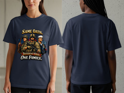 T-shirt graphic of soldiers and sailor with text "Same Oath. Different Eras. One Family."