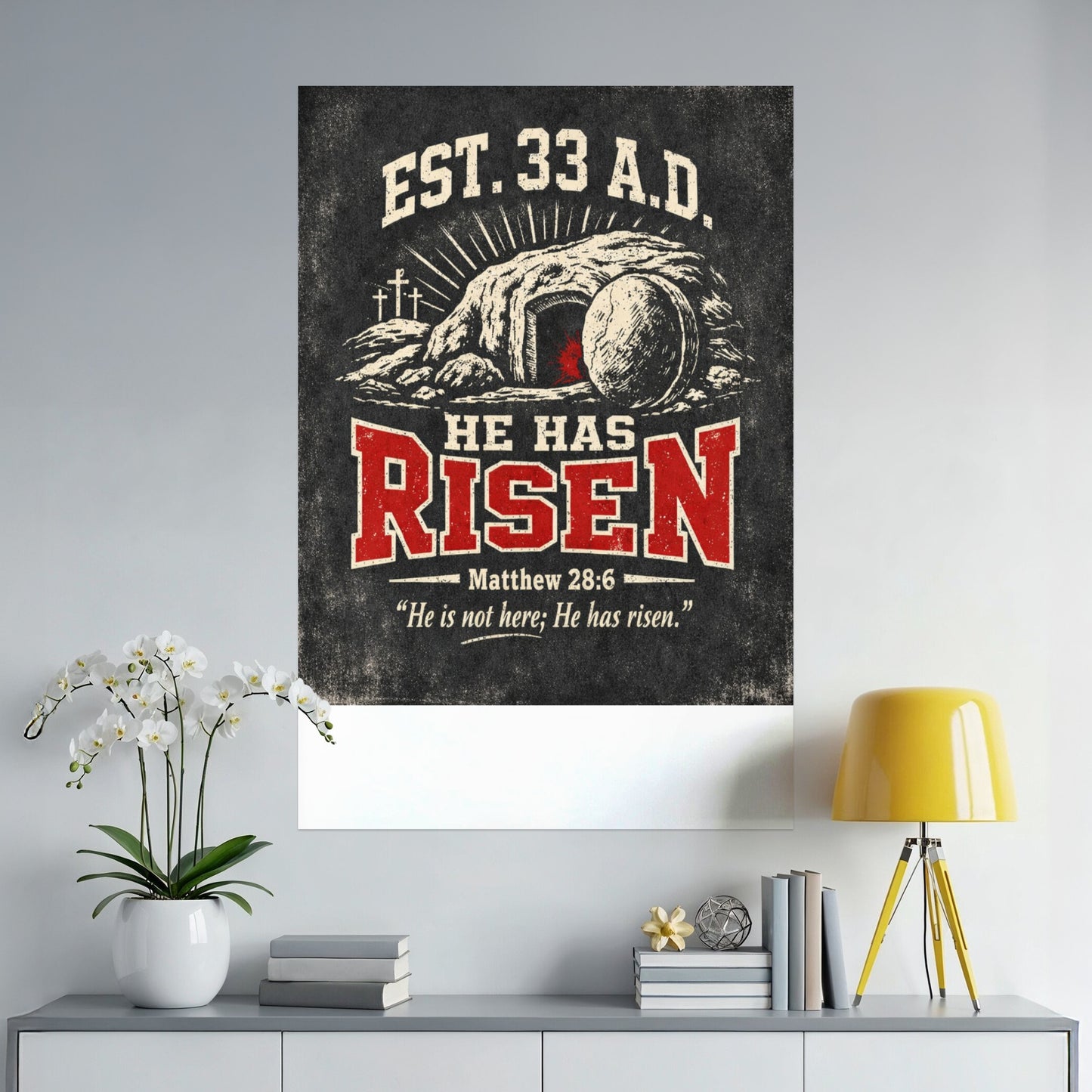 "He Has Risen" tapestry with tomb and crosses, Matthew 28:6 verse.