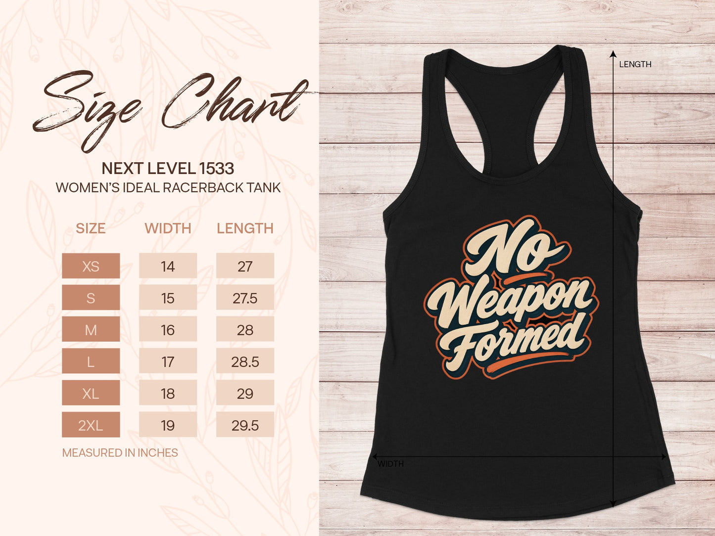 Black racerback tank with "No Weapon Formed" graphic and size chart.