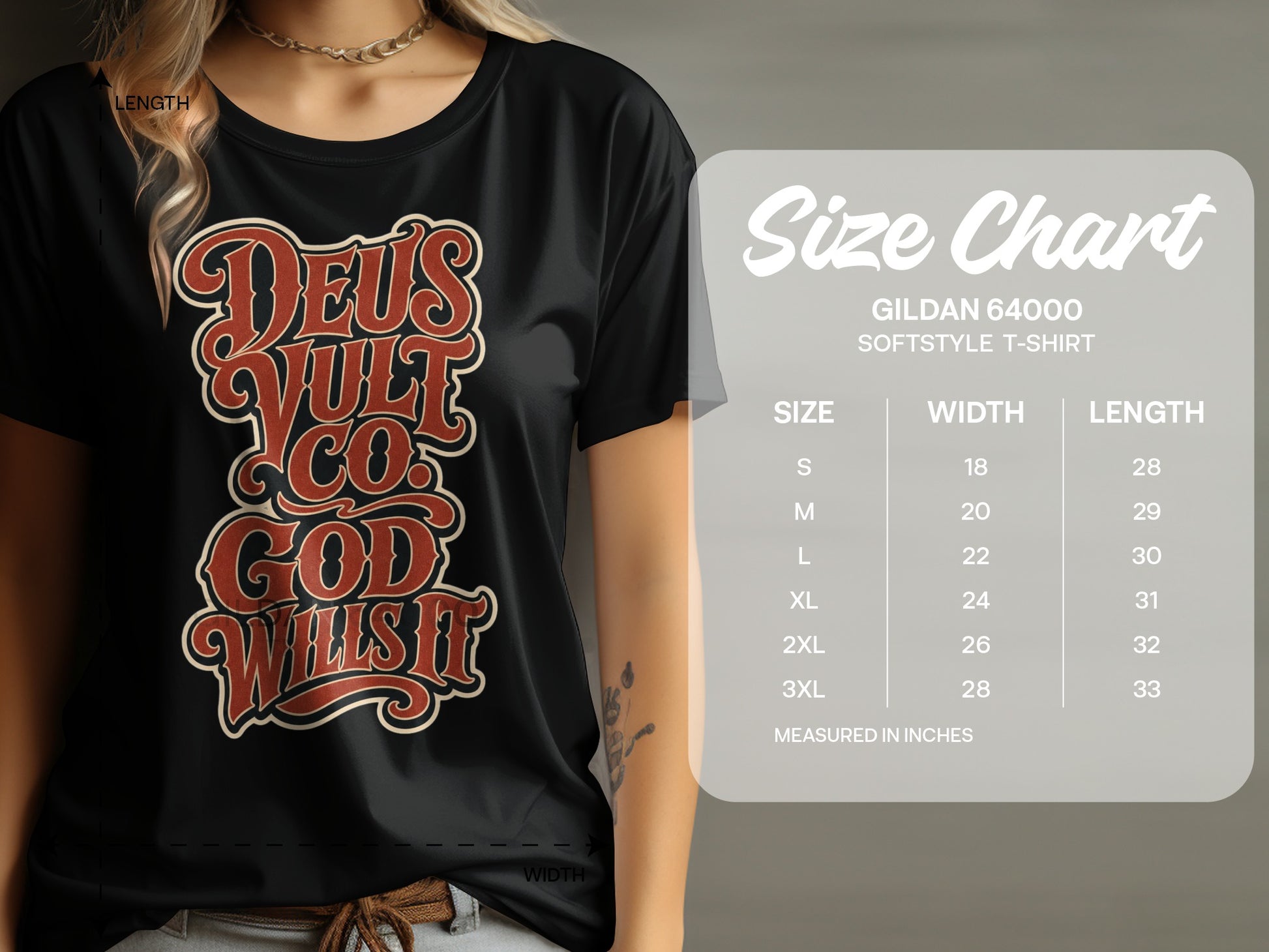 Black t-shirt with "Deus Vult. Co. God Wills It" text and Gildan softstyle t-shirt size chart.