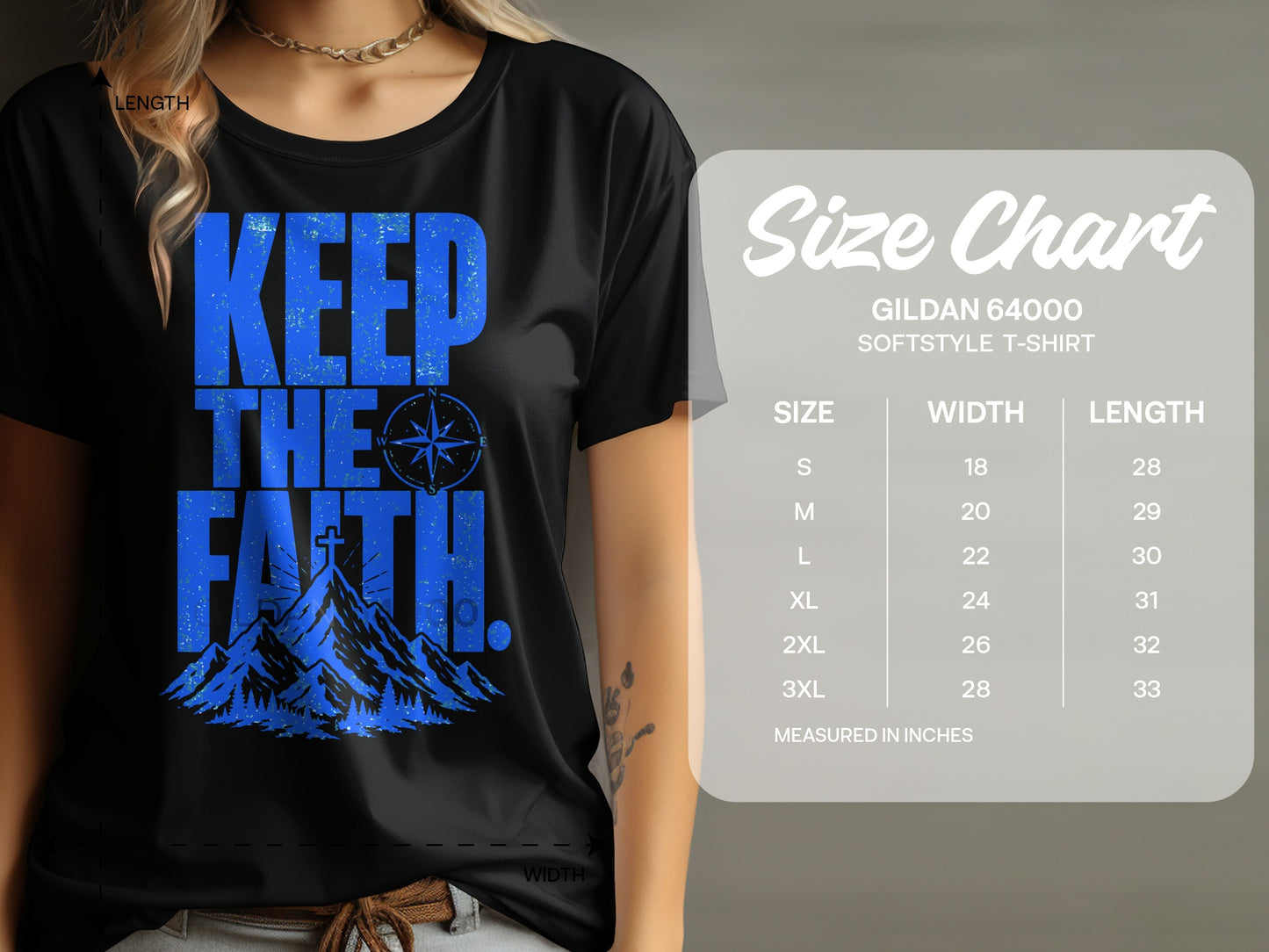 Black t-shirt with blue "KEEP THE FAITH" text, mountains, and cross. Includes size chart.