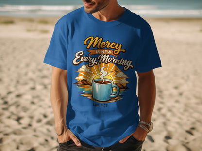 Blue t-shirt with "Mercy Is New Every Morning" and "Lam. 3:23" text.