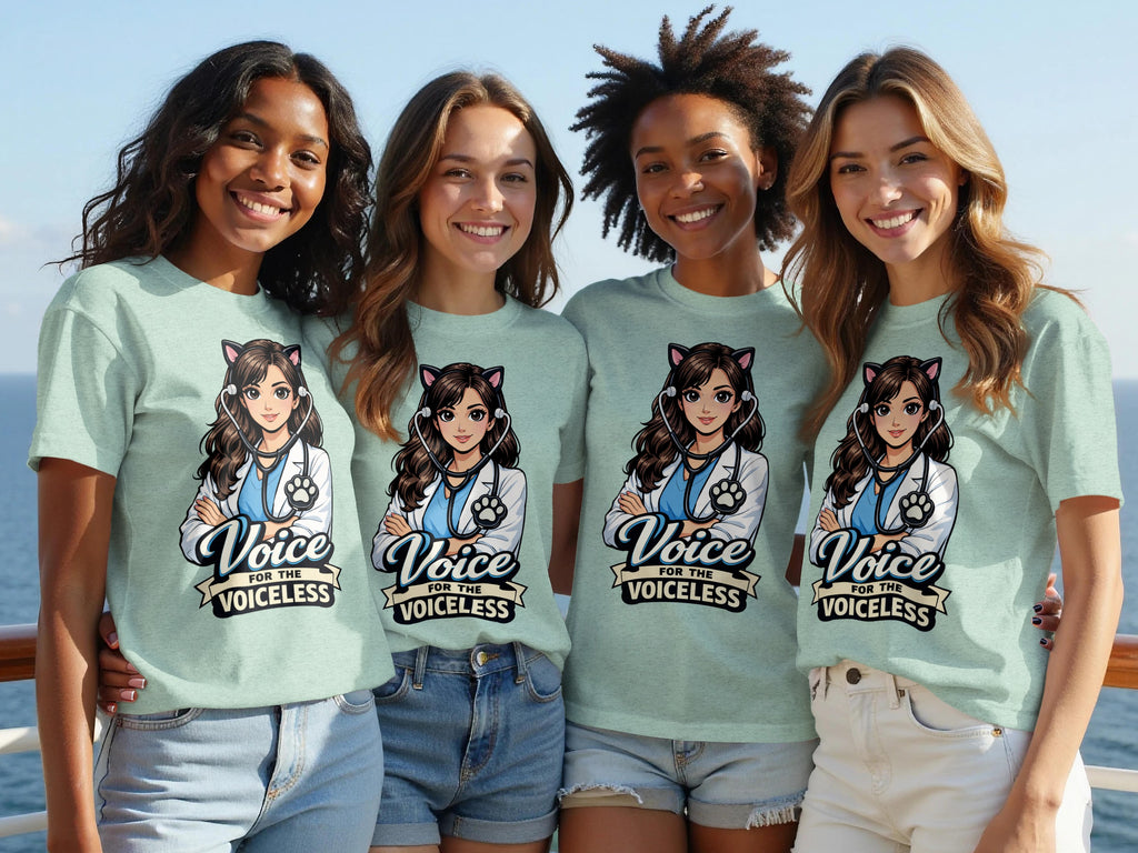 Four women wear mint green t-shirts with a "Voice for the Voiceless" cat graphic.