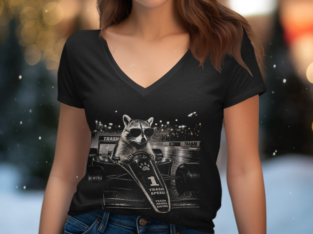 Raccoon in sunglasses driving a race car with "Trash Panda Racing" text.