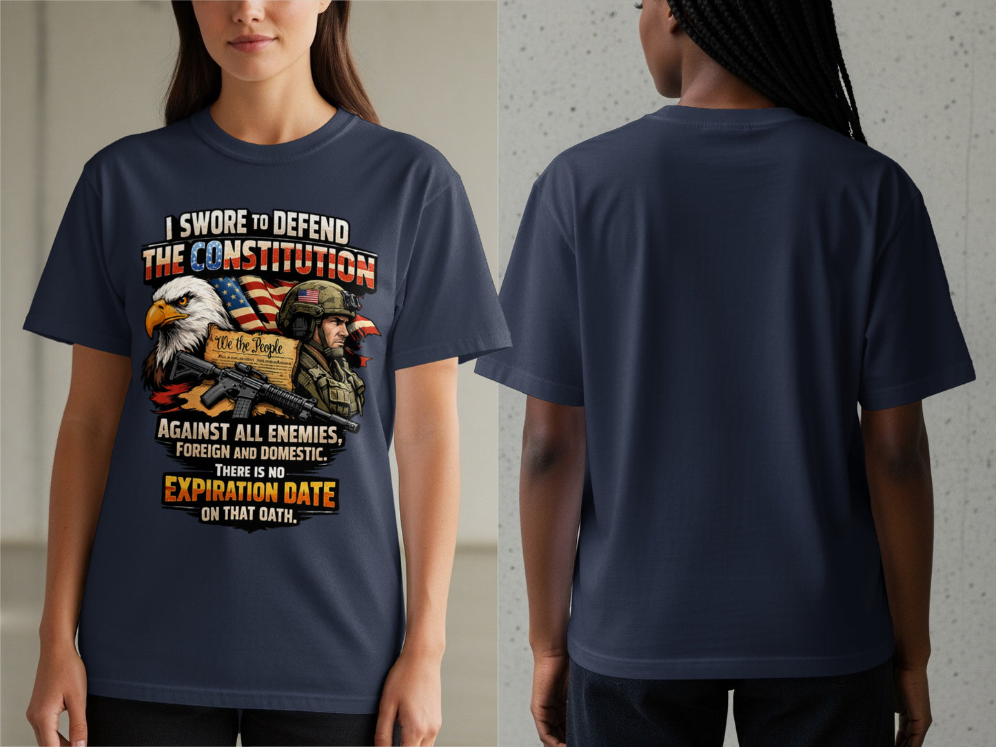 T-shirt with text about defending the Constitution, eagle, soldier, and flag.