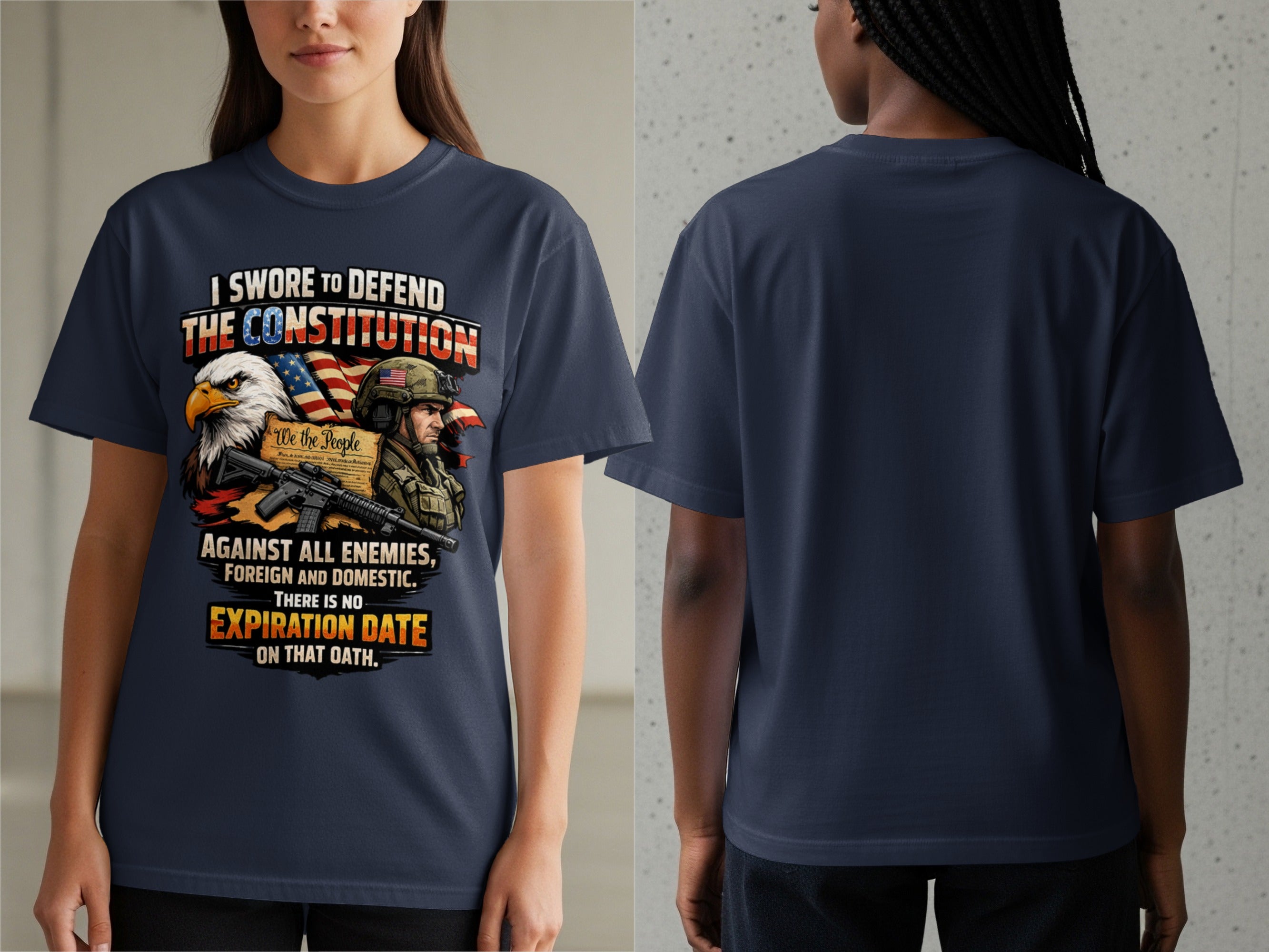 T-shirt with text about defending the Constitution, eagle, soldier, and flag.