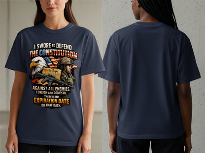 T-shirt with text about defending the Constitution, eagle, soldier, and flag.