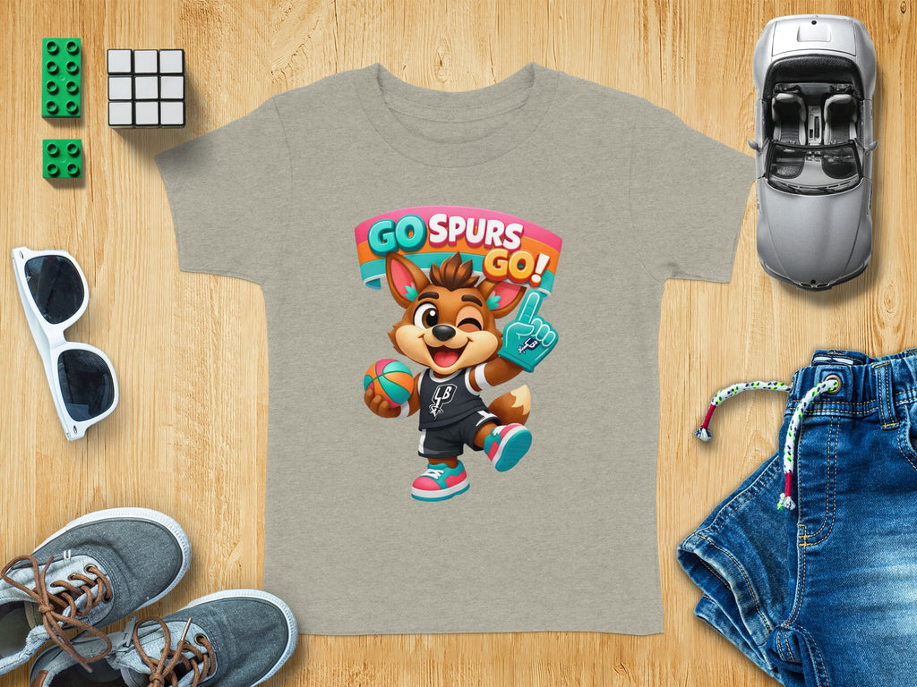 Grey t-shirt with cartoon fox mascot and "GO SPURS GO!" text.