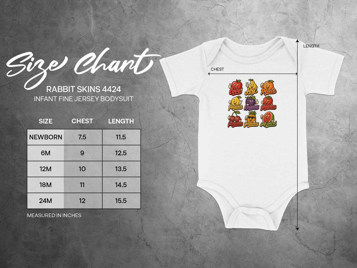 Rabbit Skins 4424 infant bodysuit size chart with fruit graphics.