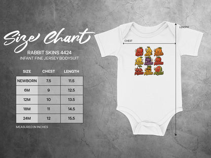 Rabbit Skins 4424 infant bodysuit size chart with fruit graphics.