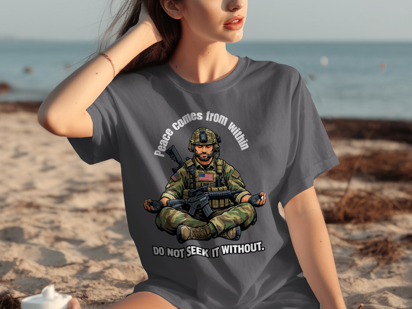 T-shirt graphic of soldier meditating with rifle, "Peace comes from within" and "DO NOT SEEK IT WITHOUT".