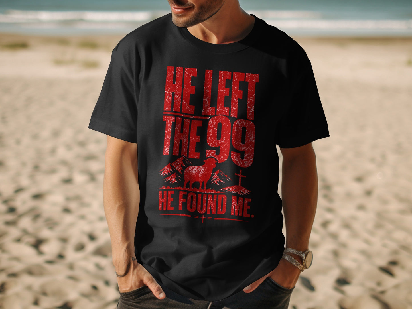Black t-shirt with red distressed text reading "HE LEFT THE 99 HE FOUND ME."