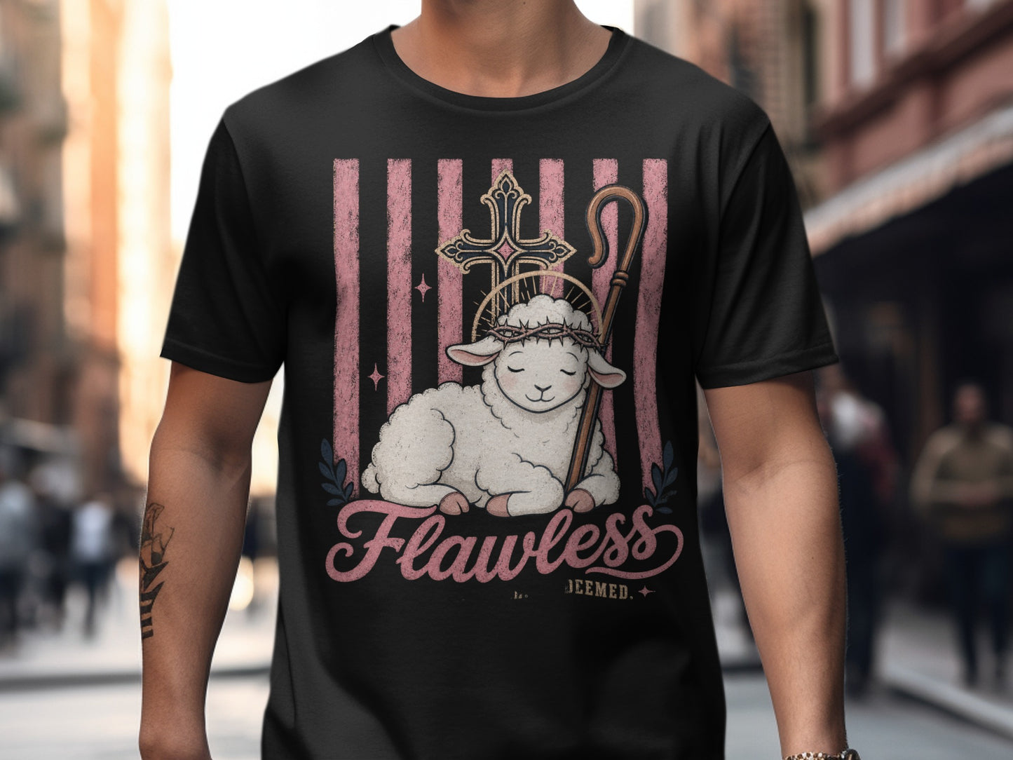 T-shirt graphic with lamb, halo, cross, shepherd's crook, and text "Flawless."