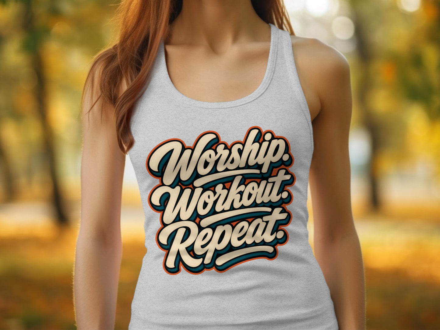 Grey tank top with "Worship Workout Repeat" text in stylized font.