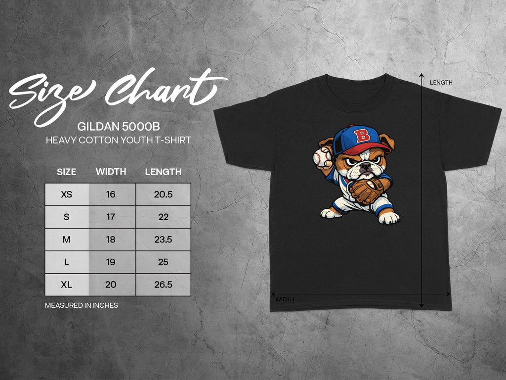 Size chart for Gildan 5000B youth t-shirt with bulldog graphic.
