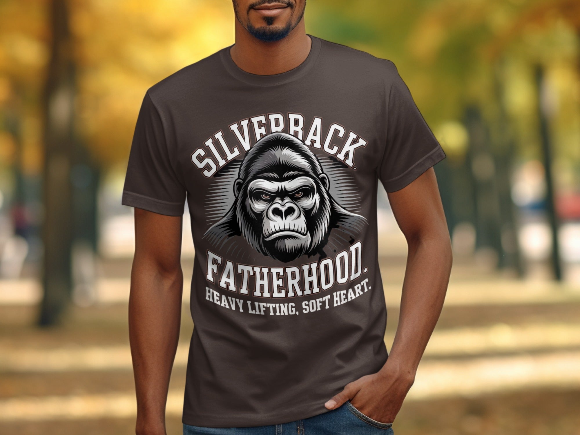 Brown t-shirt with silverback gorilla graphic, "SILVERBACK" and "FATHERHOOD" text.