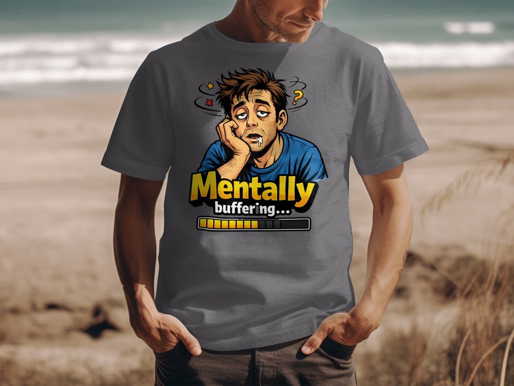 Men's grey t-shirt with cartoon man and "Mentally buffering..." text.