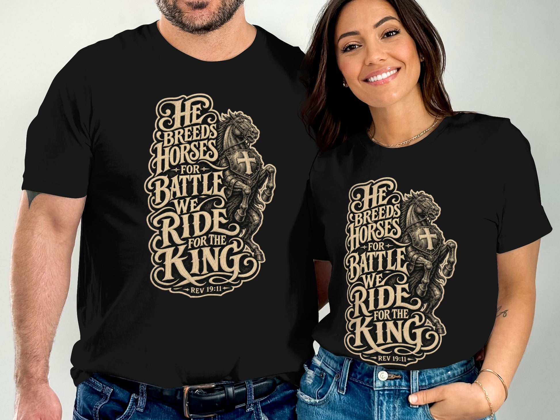 Black t-shirts featuring a knighted horse and "He breeds horses for battle, we ride for the King" text.
