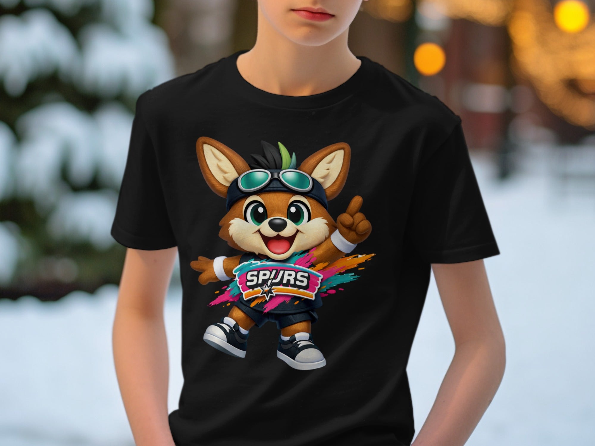 Black t-shirt with a cartoon fox mascot wearing goggles and a "Spurs" logo.