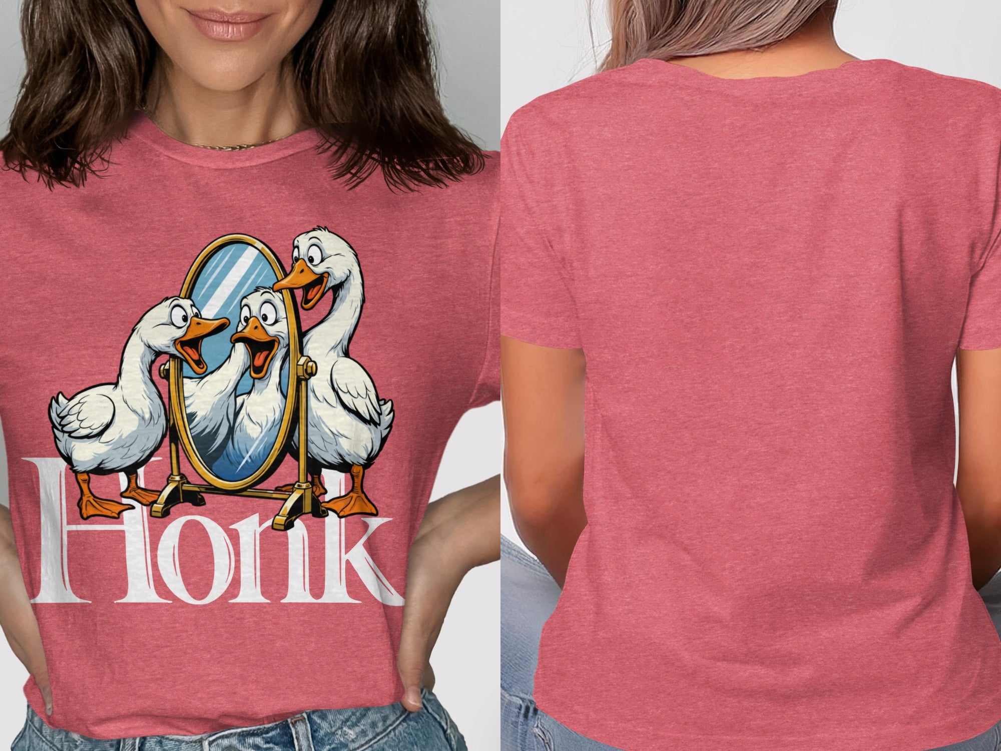 T-shirt with cartoon geese looking in a mirror and the word "Honk."